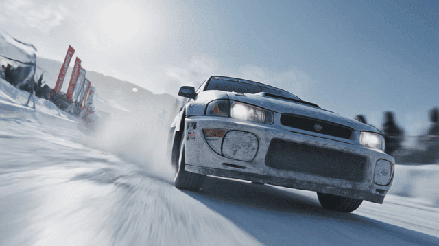 응원하는 사람들이 있는 눈 덮인 트랙을 달리는 자동차