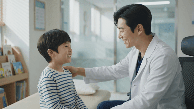 Doctor examining a smiling child in a clinic