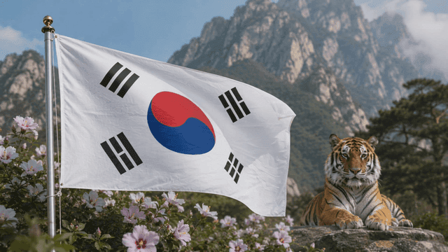 산 속의 한국 국기와 호랑이