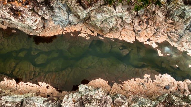 Serene river flowing through rocky terrain