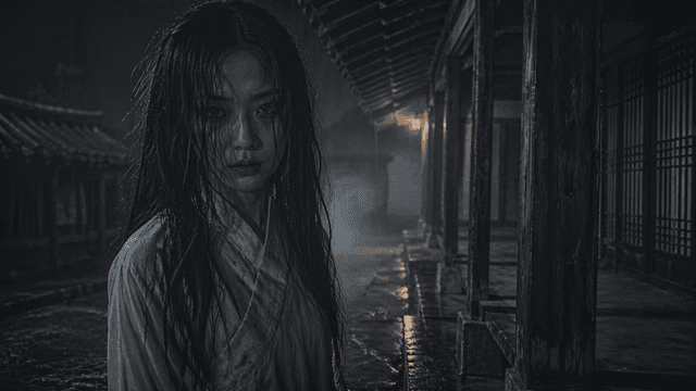 Maiden ghost wearing traditional Hanbok in rain