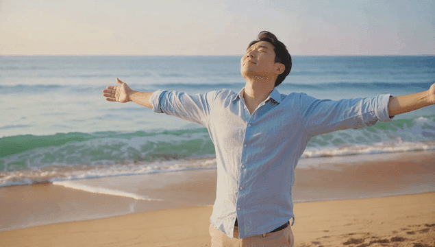 Man enjoying the beach with open arms