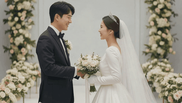 결혼식에서 서약을 교환하는 커플