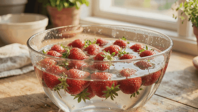 Fresh strawberries soaking in a glass bowl