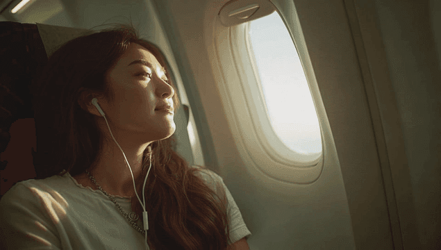 A woman enjoying a flight with sunlight