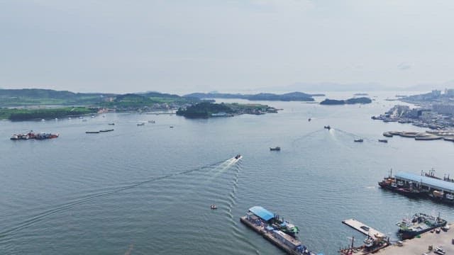 Scenic coastal area with boats and islands