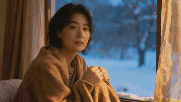 눈 덮인 풍경이 보이는 창가에서 쉬며 정면을 바라보는 여성