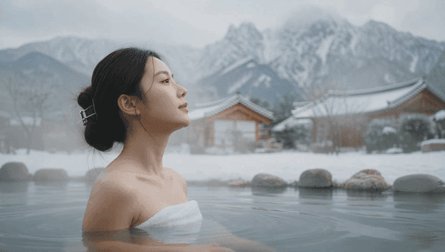 눈 덮인 산과 온천에서 휴식을 취하는 여성