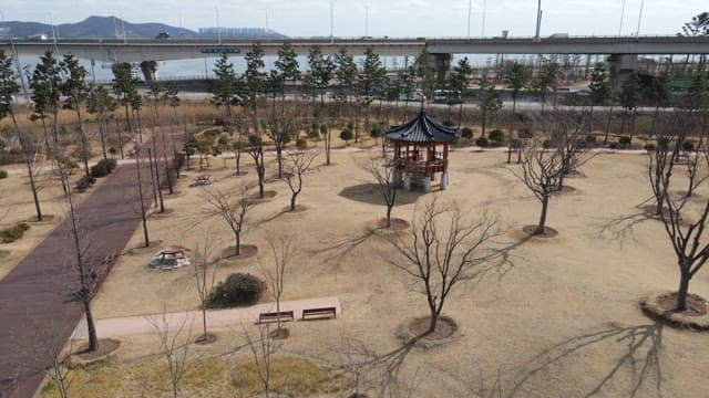 Park with a traditional pavilion and bridge