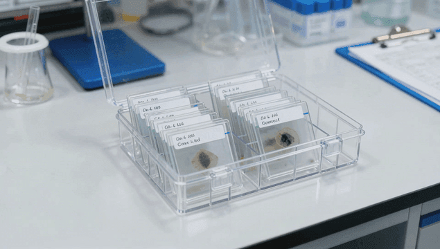 실험실에 정리된 현미경 슬라이드