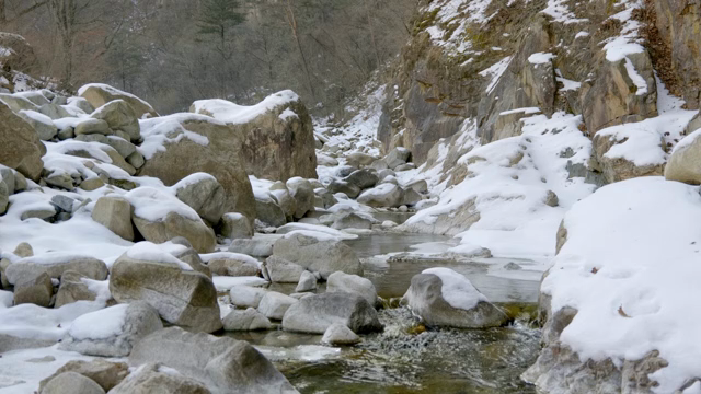 Snow-covered rocks and a flowing stream