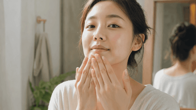 Woman doing skincare in bright room