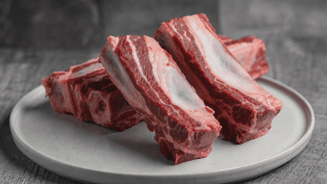 Raw beef ribs on a ceramic plate