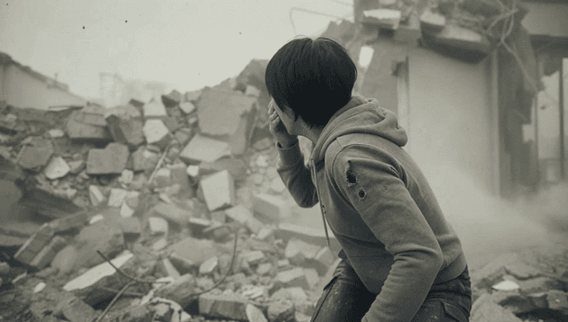 지진에 무너지는 폐허 속 충격에 빠진 사람
