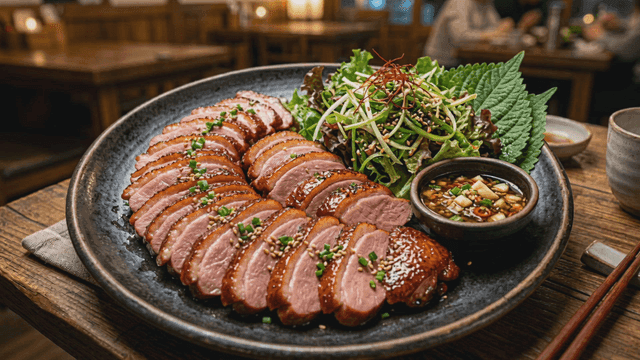 Plate of shredded green onions and smoked duck slices