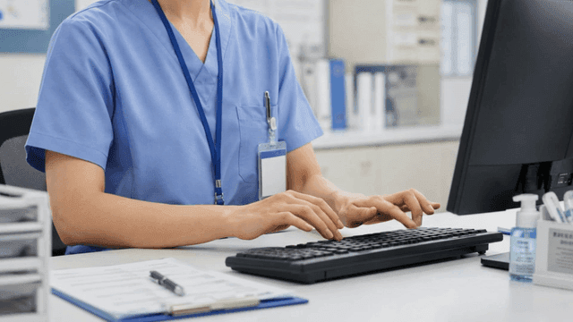 Nurse typing on computer at hospital