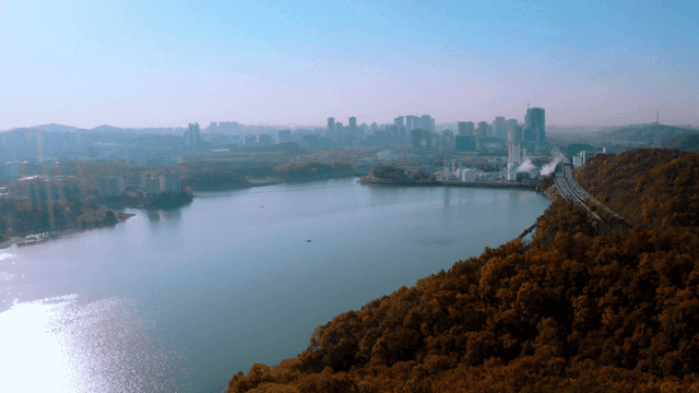 A city skyline with a river and autumn forest