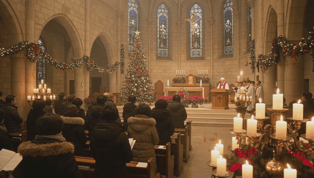 장식된 성당에서의 크리스마스 미사