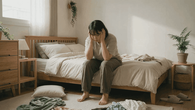Frustrated woman sitting on her bed in cluttered room