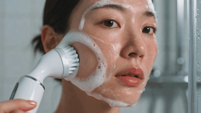 Woman using face cleansing brush