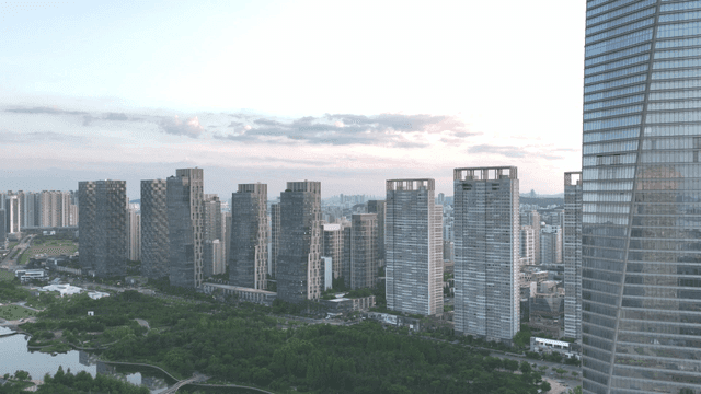 Modern city skyline with tall buildings