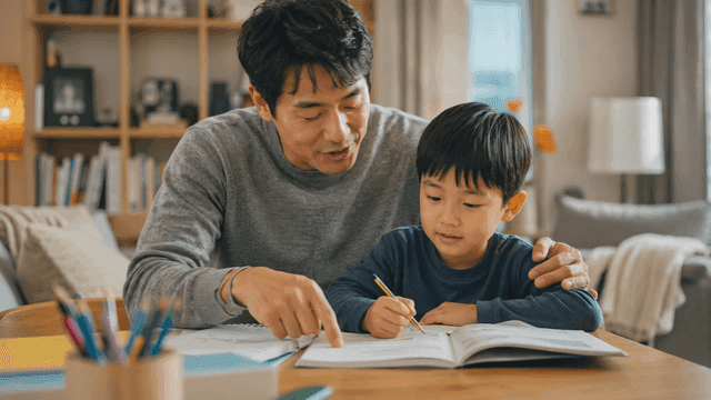 Father and son studying together at home