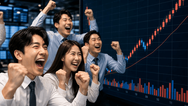 주식 시장 성공을 주먹을 쥐고 환호하는 트레이더들