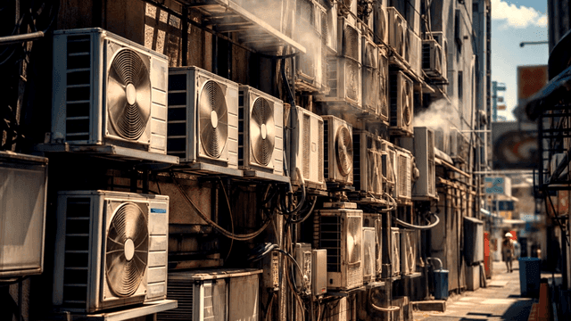 Air conditioner outdoor units on city alley walls