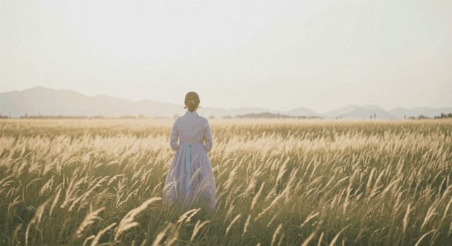A woman in traditional dress in a field