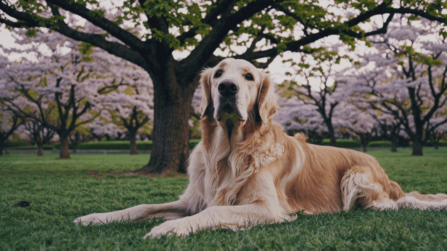 Golden Retrievers resting under cherry blossom tree