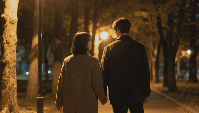 Back view of a couple walking hand in hand at night