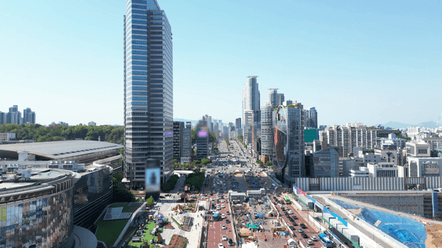 Congested city roads with tall buildings