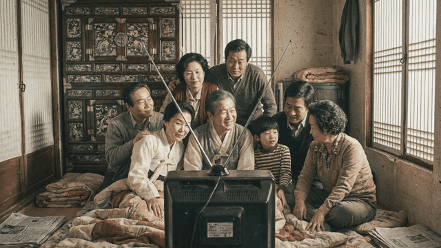 70s family watching TV in cozy room
