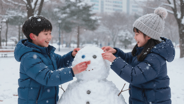 Children building a snowman in a snowy park
