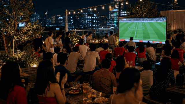 People watching soccer match at rooftop bar