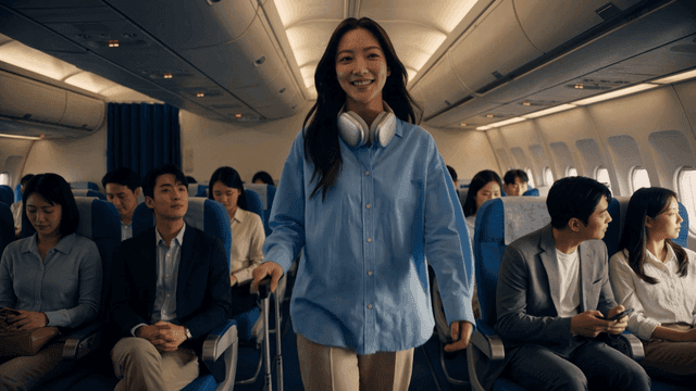 A woman walking down an airplane aisle