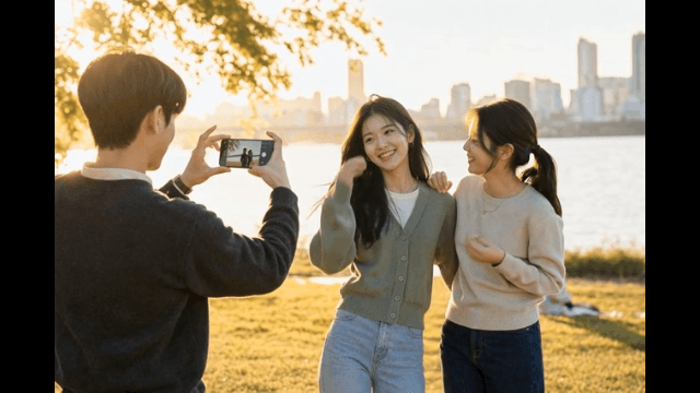 Friends taking photos by the riverside