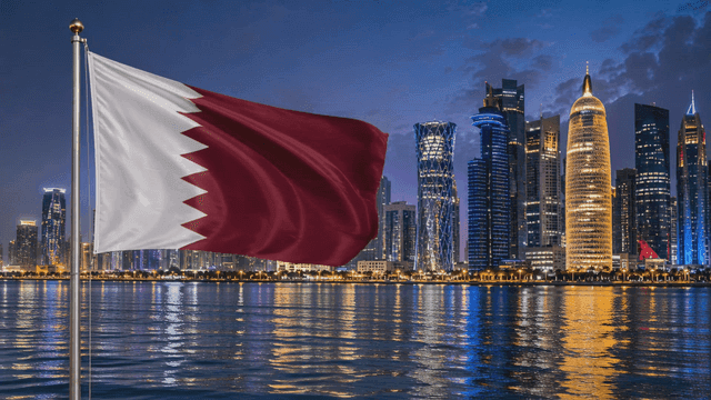 Qatar flag and city night view