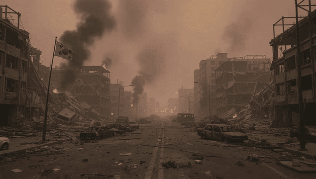 연기가 피어오르는 황폐한 거리