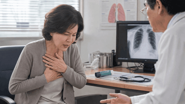 Middle-aged female patient coughing during medical consultation