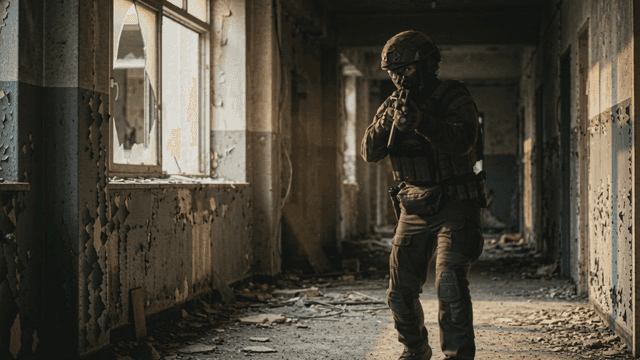 Soldiers patrolling ruined old building