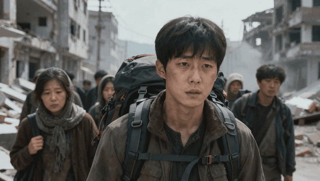 폐허가 된 거리를 걷는 피난민들