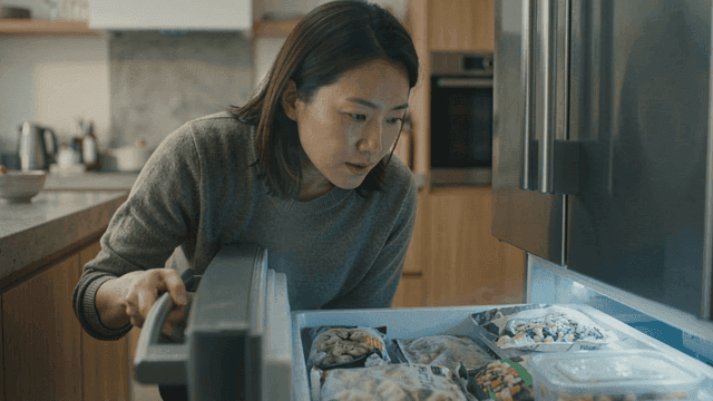 Woman looking at freezer in kitchen