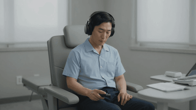 Man wearing headphones in hospital