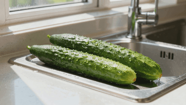 싱크대에 물방울이 맺힌 신선한 오이