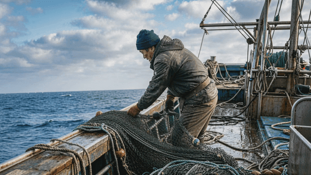 Fisherman pulling nets on a boat