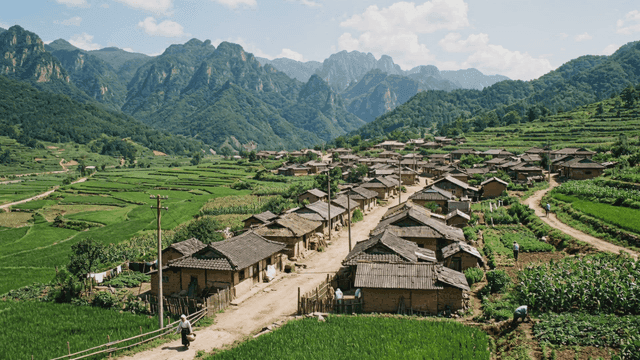 Rural village surrounded by green fields