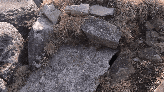Rocky terrain with dry grass on a mountain