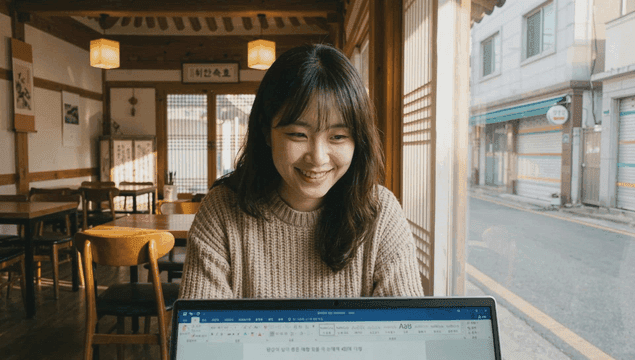Smiling woman working on her laptop in traditional cafe
