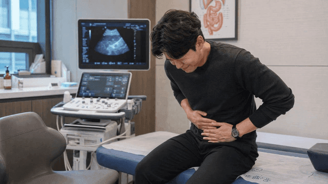 Man experiencing abdominal pain at medical clinic